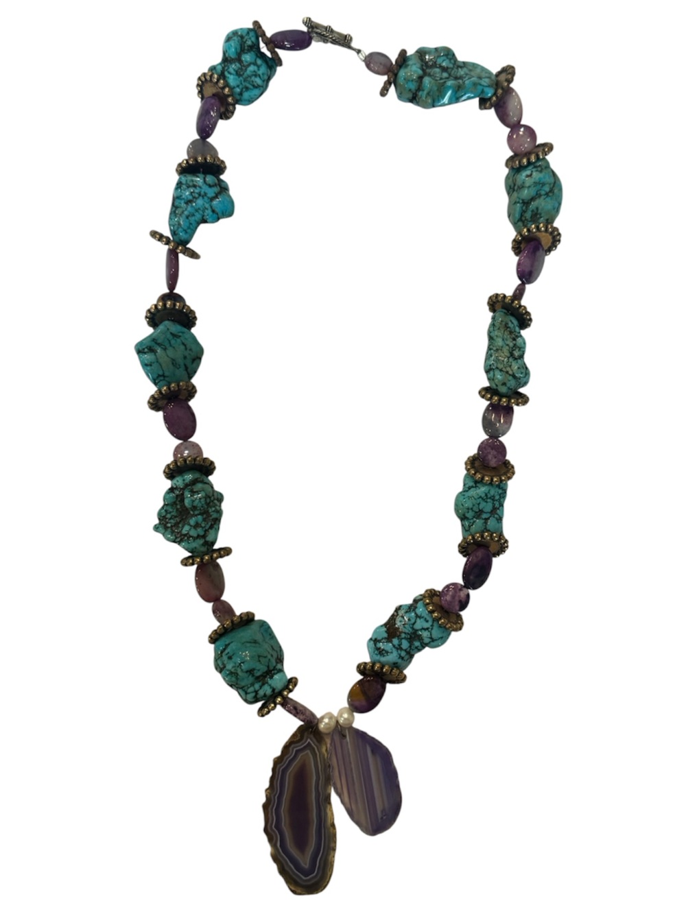 Authentic Chunky Turquoise Amethyst Pendants Long Necklace Hand Designed